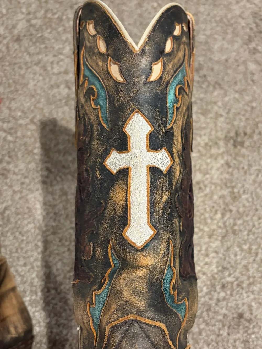 Dan Post Brown Western Boots with Teal and Cream Accents